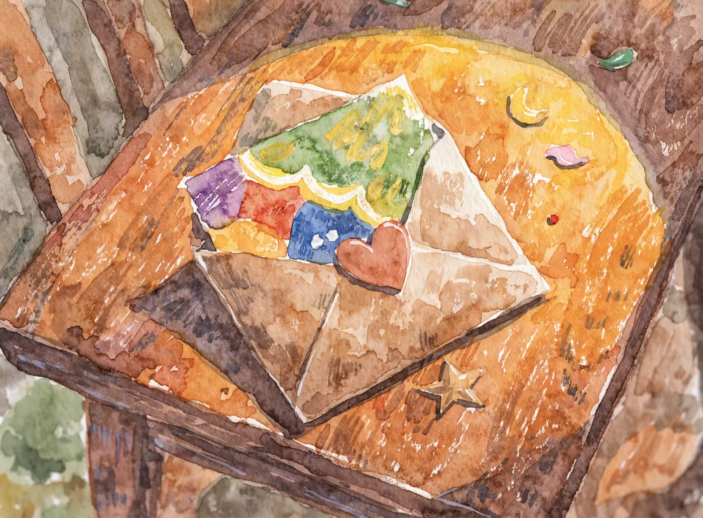 Watercolour illustration of a kraft envelope with a colourful birthday card peeking out.