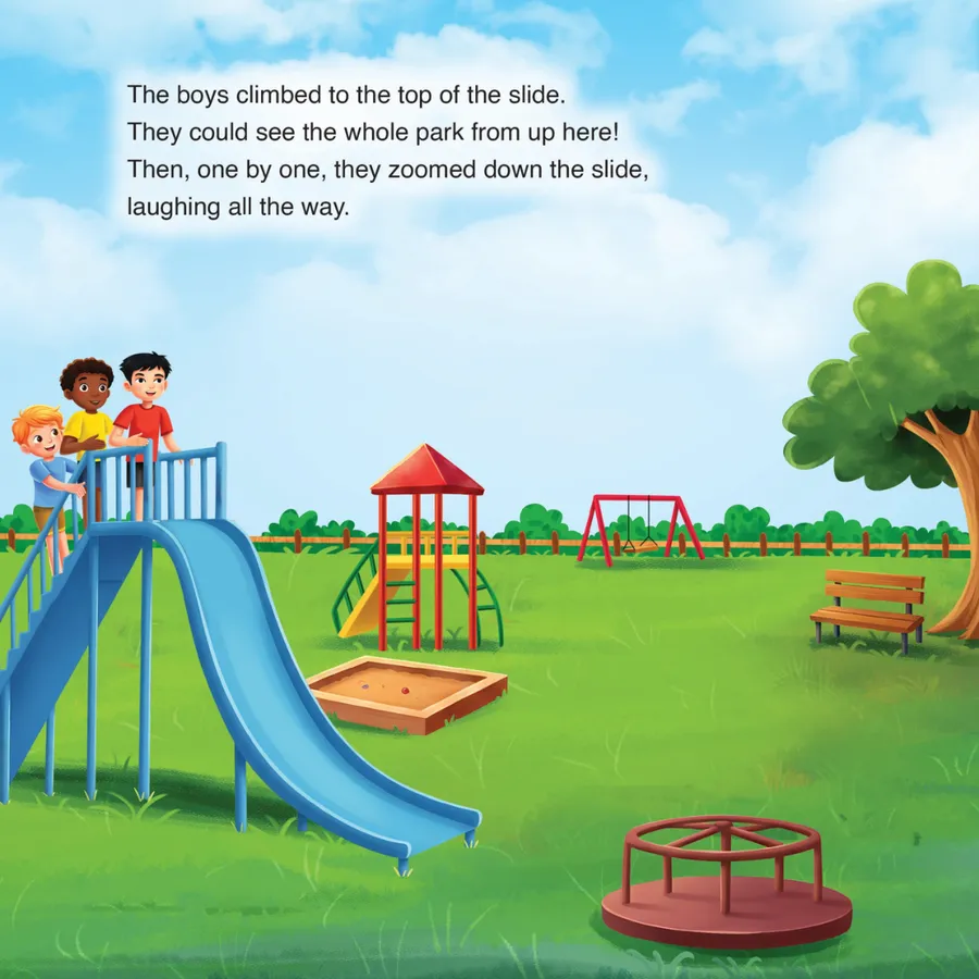 Book page: the three boys stand together at the top of the slide, looking out over the whole park.