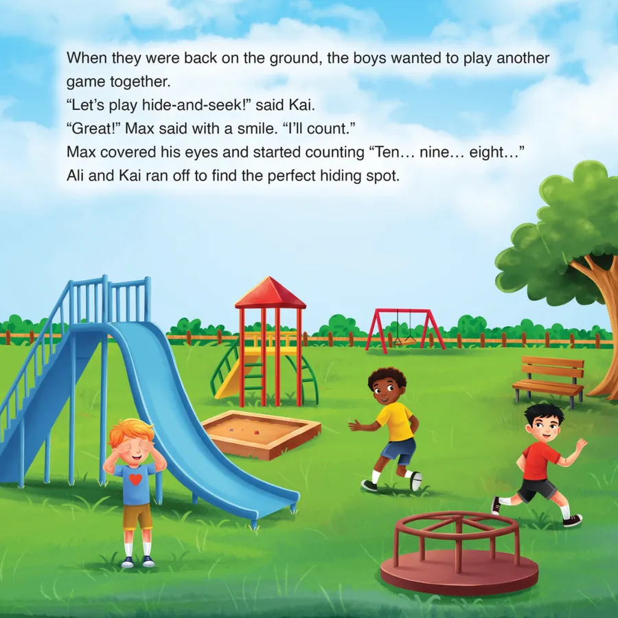 Book page: Max covers his eyes and counts while Ali and Kai run off to hide.