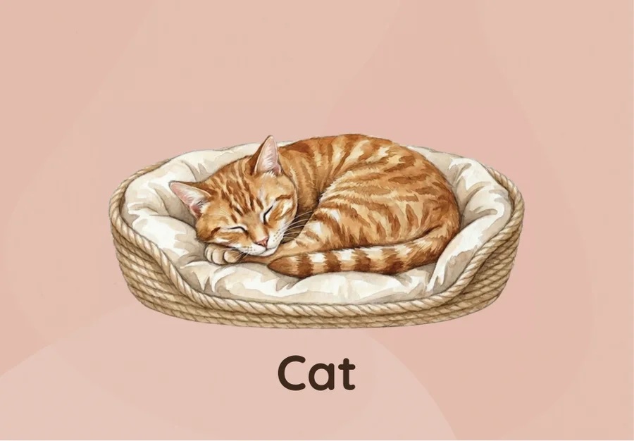 Alphabet card: a watercolour ginger cat asleep in a basket, for the letter C.