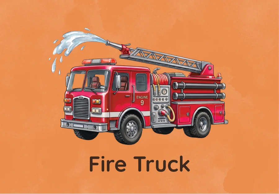 Alphabet card: a bright red fire truck spraying water, for the letter F.