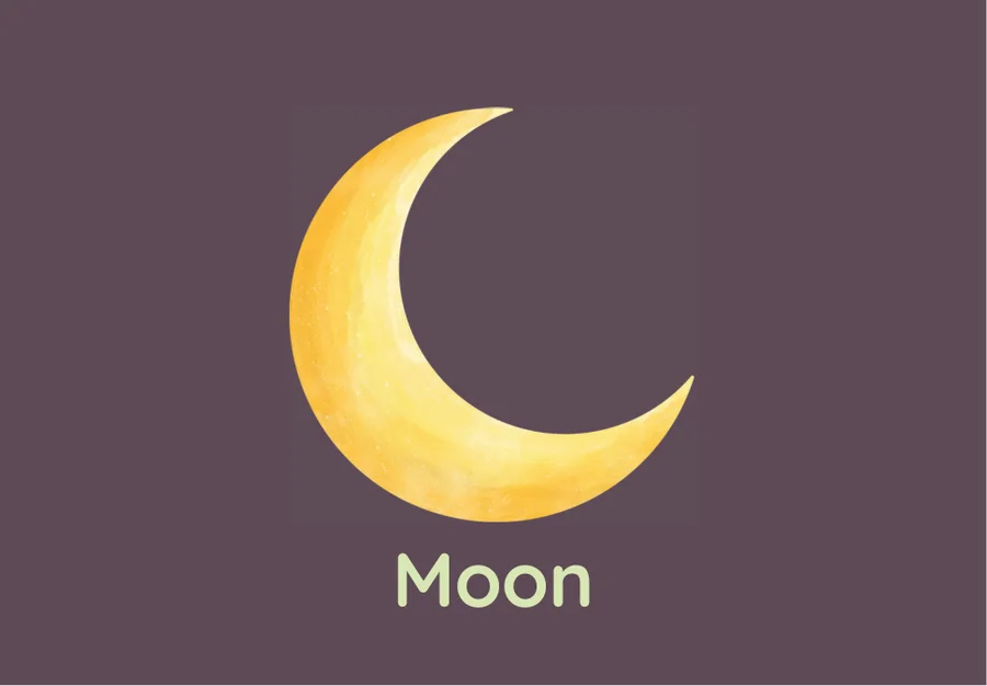 Alphabet card: a golden crescent moon on dusty plum, for the letter M.