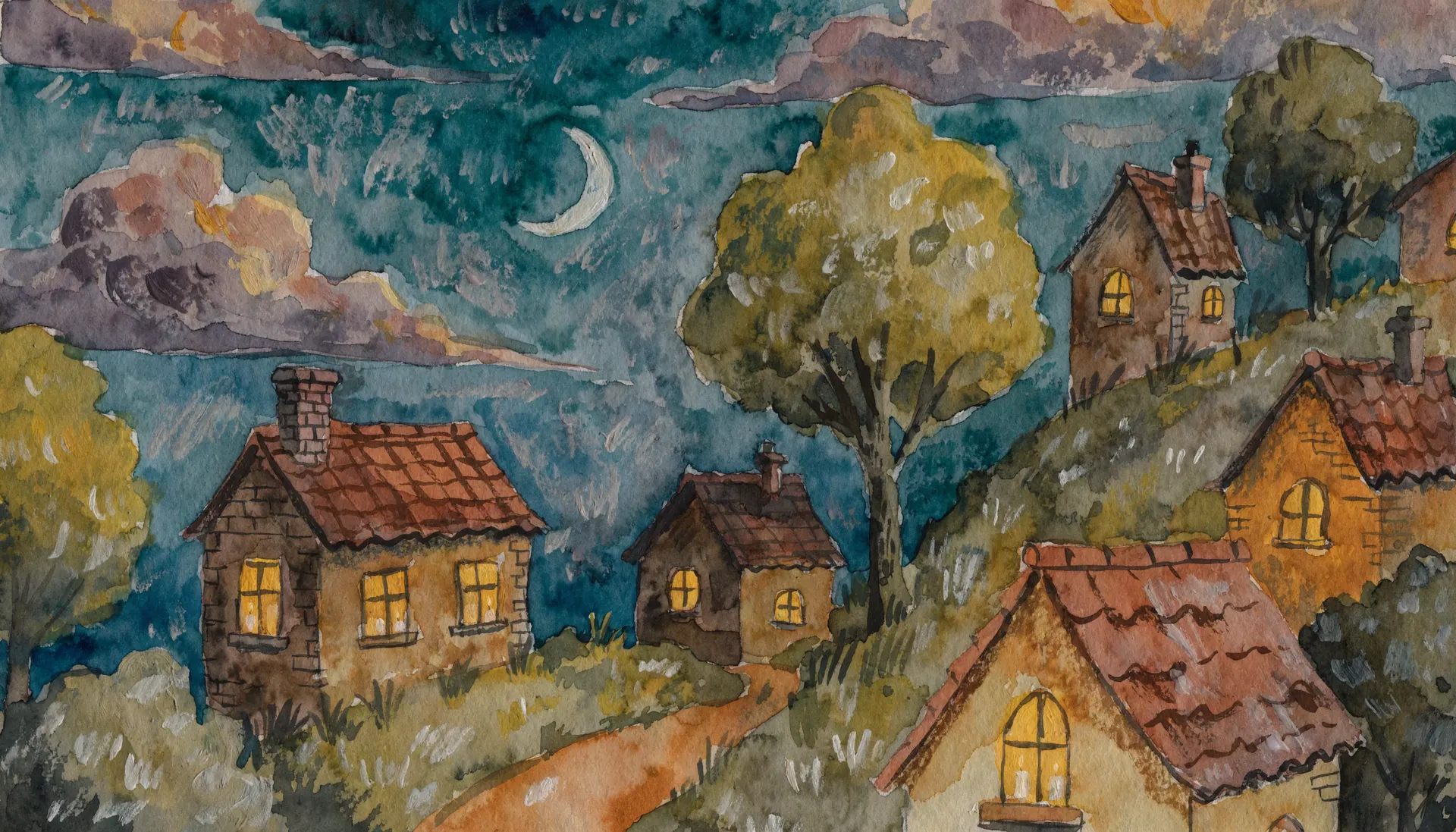 Watercolour illustration of a small village at dusk, every window glowing warm gold under a crescent moon.
